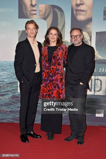 Alexander Fehling, Martina Gedeck and Samuel Finzi attend the "Helgoland 513" premiere at Kino in der Kulturbrauerei on February 29, 2024 in Berlin,...