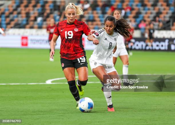 Canada forward Adriana Leon and Costa Rica defender Daniela Cruz fight for ball in the first half during the CONCACAF Womens Gold Cup Group C -...