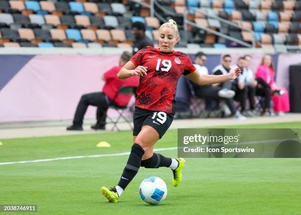 Canada forward Adriana Leon dribbles the ball in the first half during the CONCACAF Womens Gold Cup Group C - Canada vs Costa Rica on February 28,...