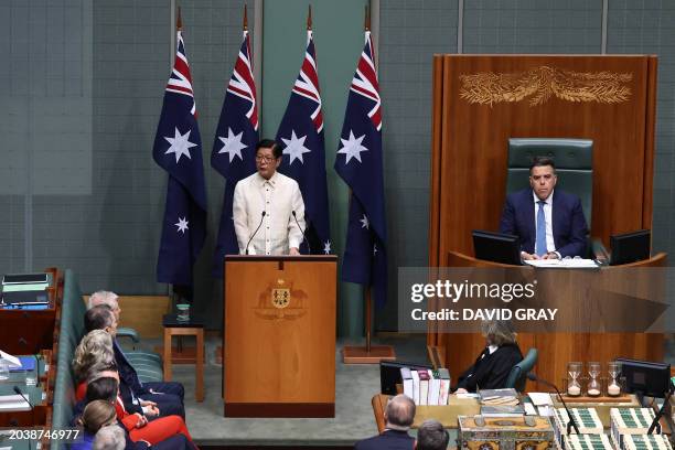 Philippines' President Ferdinand Marcos Jr. Addresses the House of Representatives at the Parliament House in Canberra on February 29, 2024....