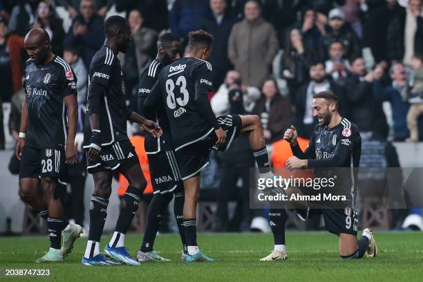Cenk Tosun of Besiktas celebrates with his teammates after scoring his team's second goal during the Ziraat Turkish Cup match between Besiktas and...