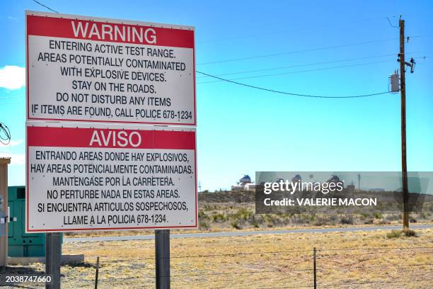 View of the entrance of White Sands Missile Range where Trinity test site is located, near White Sands, New Mexico on February 21, 2024. The events...
