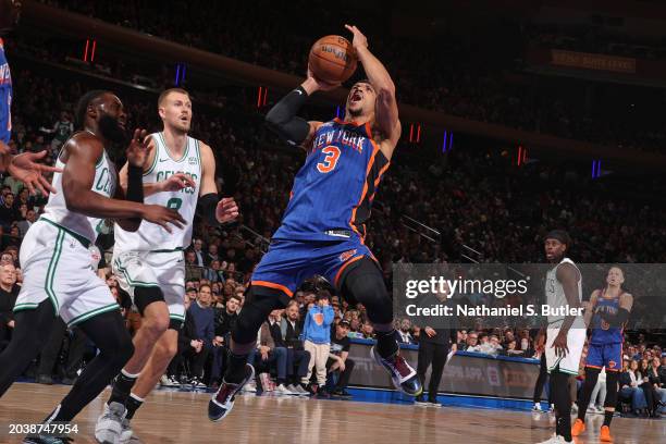 Josh Hart of the New York Knicks shoots the ball during the game against the Boston Celtics on February 24, 2024 at Madison Square Garden in New York...