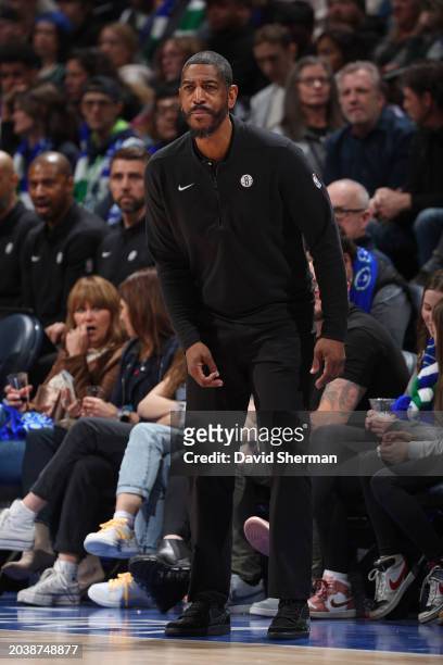 Head Coach Jacque Vaughn of the Brooklyn Nets looks on during the game against the Minnesota Timberwolves on February 24, 2024 at Target Center in...