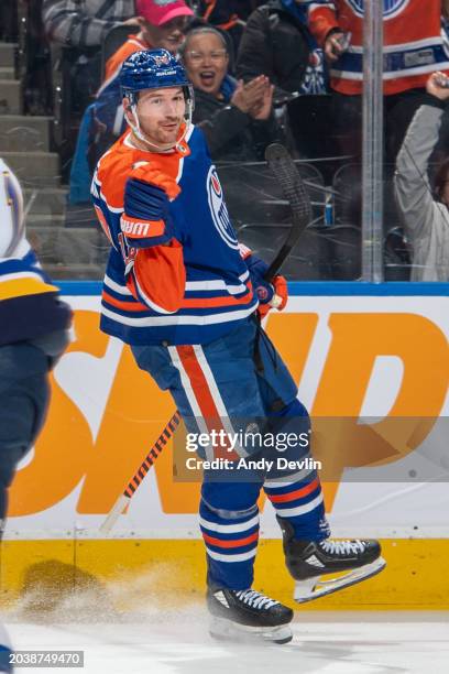 Zach Hyman of the Edmonton Oilers celebrates his second goal of the game in the second-period against the St. Louis Blues at Rogers Place on February...