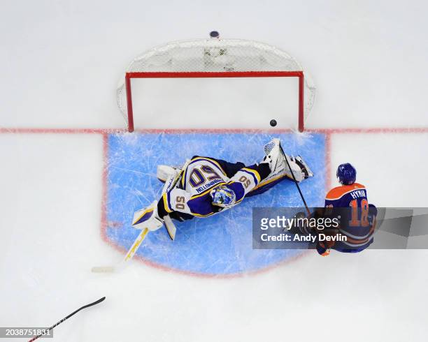 Zach Hyman of the Edmonton Oilers scores his second goal of the game in the second period against Jordan Binnington of the St. Louis Blues at Rogers...