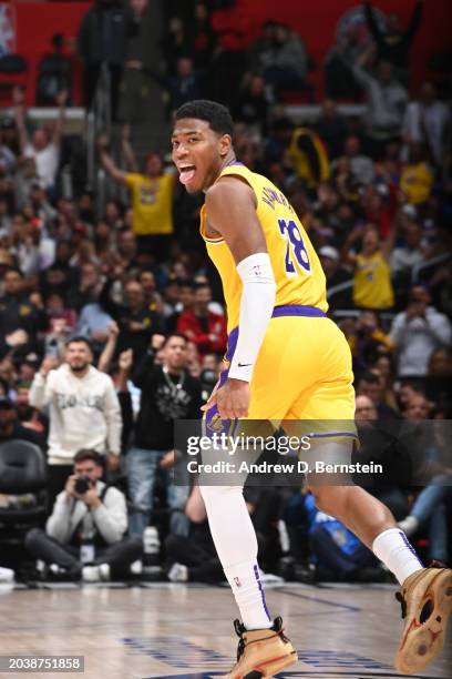 Rui Hachimura of the Los Angeles Lakers celebrates during the game after hitting the go ahead basket against the LA Clippers on February 28, 2024 at...