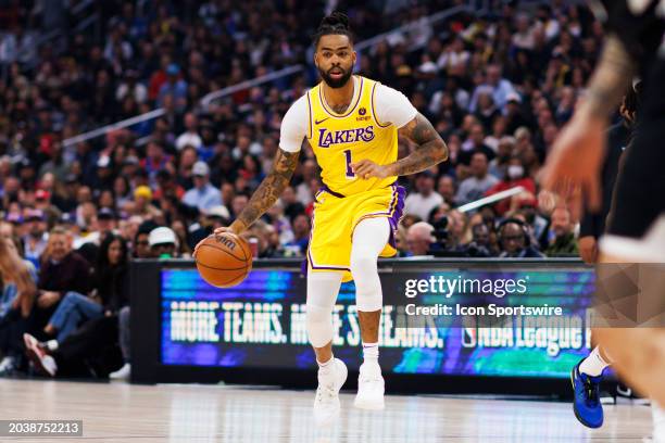 Los Angeles Lakers guard D'Angelo Russell dribbles during an NBA basketball game against the LA Clippers on February 28, 2024 at Crypto.com Arena in...