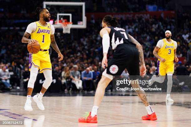 Los Angeles Lakers guard D'Angelo Russell dribbles during an NBA basketball game against the LA Clippers on February 28, 2024 at Crypto.com Arena in...