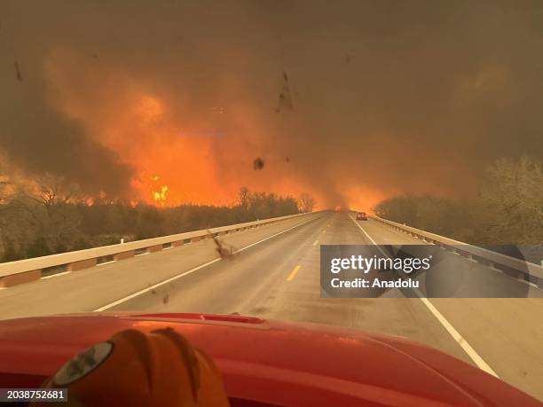 View of the Smokehouse Creek fire from a fire truck at the Texas panhandle region in Texas, United States on February 29, 2024. The US state of Texas...