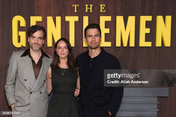 Daniel Ings, Kaya Scodelario and Theo James attend the Los Angeles photo call for Netflix's "The Gentlemen" at Netflix Tudum Theater on February 28,...