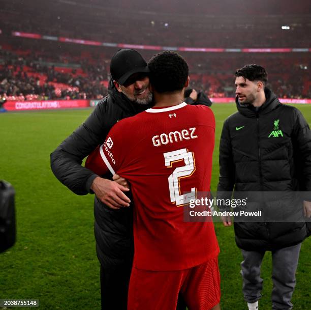 Jurgen Klopp manager of Liverpool with Joe Gomez of Liverpool at the end of the Carabao Cup Final between Chelsea and Liverpool at Wembley Stadium on...