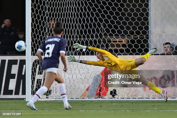 Goalkeeper Cristina Elizabeth Recalde of Paraguay dives to save the ball during Group C - 2024 Concacaf W Gold Cup match between Paraguay and Canada...