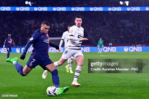 Kylian Mbappe of Paris Saint-Germain runs for the ball during the Ligue 1 Uber Eats match between Paris Saint-Germain and Stade Rennais FC at Parc...