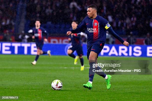 Kylian Mbappe of Paris Saint-Germain runs for the ball during the Ligue 1 Uber Eats match between Paris Saint-Germain and Stade Rennais FC at Parc...