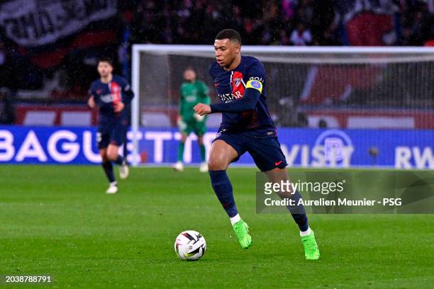 Kylian Mbappe of Paris Saint-Germain runs for the ball during the Ligue 1 Uber Eats match between Paris Saint-Germain and Stade Rennais FC at Parc...