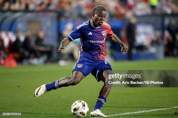 Bernard Kamungo of FC Dallas passes during a game between San Jose Earthquakes and FC Dallas at Toyota Stadium on February 24, 2024 in Frisco, TX.