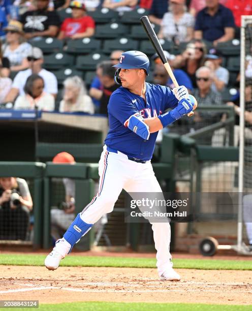 Nathaniel Lowe of the Texas Rangers gets ready in the batters box against the San Francisco Giants during a spring training game at Surprise Stadium...