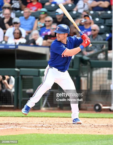 Andrew Knapp of the Texas Rangers gets ready in the batters box against the San Francisco Giants during a spring training game at Surprise Stadium on...