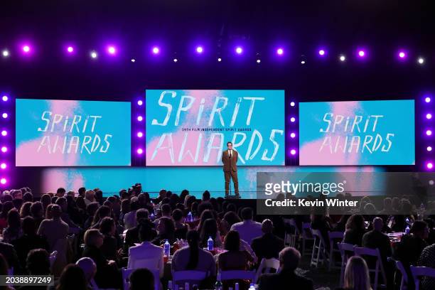Josh Welsh, President of Film Independent, speaks onstage during the 2024 Film Independent Spirit Awards on February 25, 2024 in Santa Monica,...