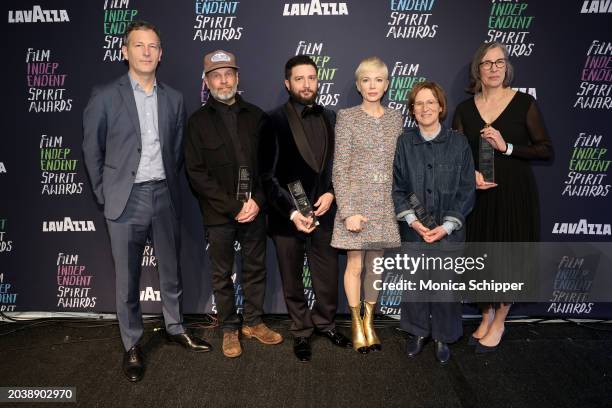 Jonathan Raymond, James Le Gros, John Magaro, Michelle Williams, Kelly Reichardt, and Gayle Keller winners of the Robert Altman Award for 'Showing...