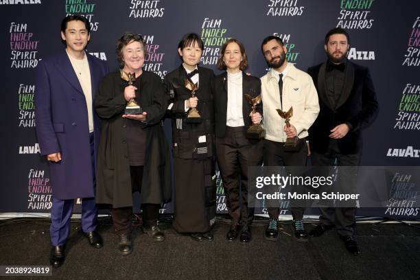 Teo Yoo, Christine Vachon, Celine Song, Pamela Koffler, David Hinojosa and John Magaro winners of the Award for Best Feature for 'Past Lives' pose in...