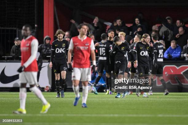 Breda celebrate their sides second goal, Cuco Martina of NAC Breda, Frederik Oldup Jensen of NAC Breda, Alme Omgba of NAC Breda during the Dutch...