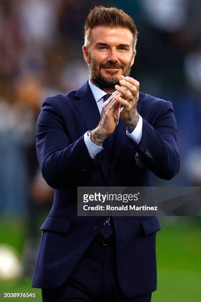 Owner David Beckham of Inter Miami CF reacts prior to a game against Inter Miami CF at Dignity Health Sports Park on February 25, 2024 in Carson,...