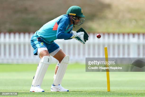 Alex Carey of Australia in action during a training session ahead of the First Test in the series between New Zealand and Australia at Basin Reserve...