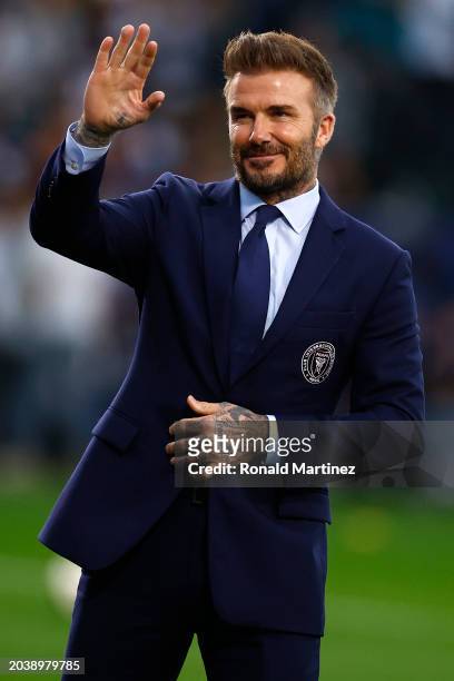 Owner David Beckham of Inter Miami CF reacts prior to a game against Inter Miami CF at Dignity Health Sports Park on February 25, 2024 in Carson,...