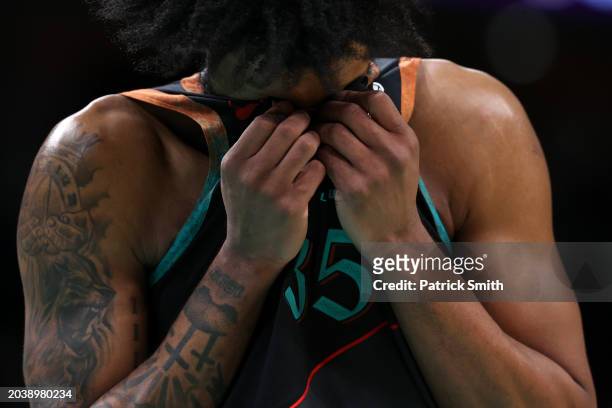 Marvin Bagley III of the Washington Wizards reacts before losing the Cleveland Cavaliers in the final seconds of the second half at Capital One Arena...