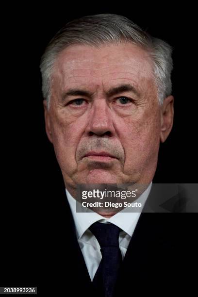 Carlo Ancelotti head Coach of Real Madrid looks on prior the game the LaLiga EA Sports match between Real Madrid CF and Sevilla FC at Estadio...