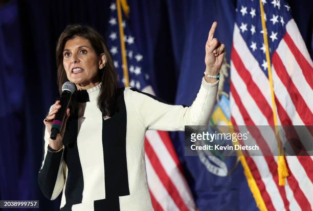 Republican presidential candidate, former U.N. Ambassador Nikki Haley speaks during a campaign event at the Detroit Marriott Troy on February 25,...