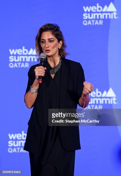 Doha , Qatar - 29 February 2024; Rindala Habache, Co-founder, JoyPulse, on Startup Showcase stage during day three of Web Summit Qatar 2024 at the...
