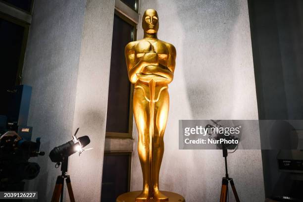 The Academy Award statuette giant replica is seen in Kino Kijow cinema two weeks before the 96th Oscars ceremony will take place in the Dolby Theatre...