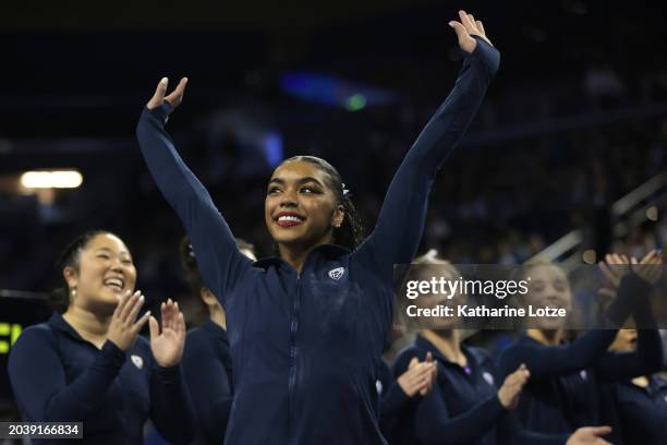 EMjae Frazier of the Cal Golden Bears acknowledges the crowd during the awards ceremony following a meet against the UCLA Bruins at Pauley Pavilion...