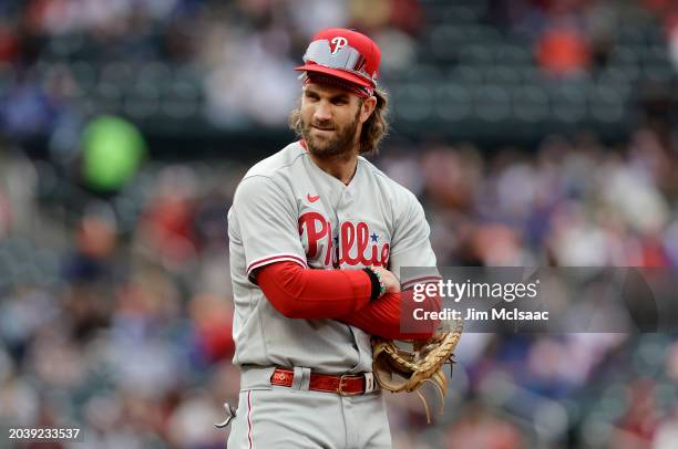 Bryce Harper of the Philadelphia Phillies in action against the New York Mets at Citi Field on September 30, 2023 in New York City. The Mets defeated...