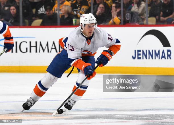 Mathew Barzal of the New York Islanders skates against the Pittsburgh Penguins at PPG PAINTS Arena on February 20, 2024 in Pittsburgh, Pennsylvania.