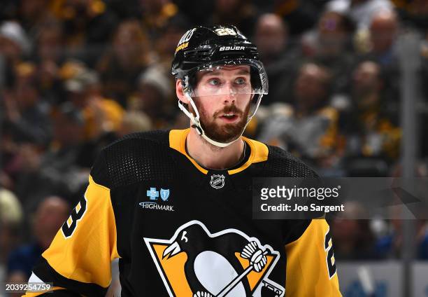 Marcus Pettersson of the Pittsburgh Penguins skates against the New York Islanders at PPG PAINTS Arena on February 20, 2024 in Pittsburgh,...