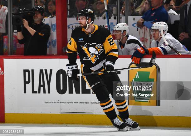 Marcus Pettersson of the Pittsburgh Penguins skates against the New York Islanders at PPG PAINTS Arena on February 20, 2024 in Pittsburgh,...