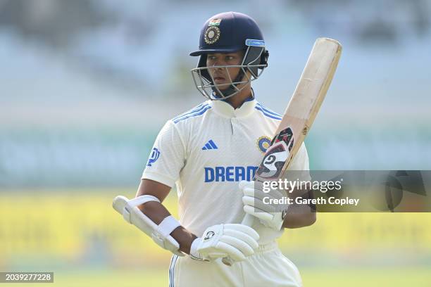 Yashasvi Jaiswal of India waits for the start of day four of the 4th Test Match between India and England at JSCA International Stadium Complex on...
