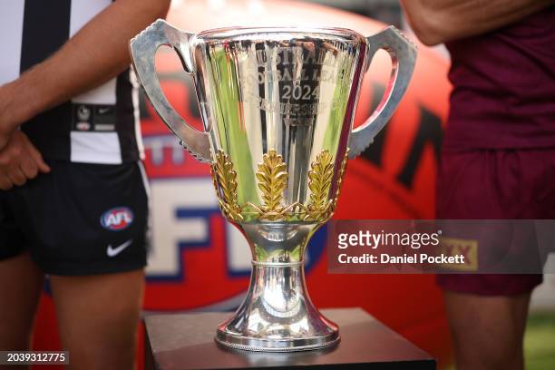 The 2024 AFL Premiership Cup is seen during 2024 AFL Captain's Day at Marvel Stadium on February 26, 2024 in Melbourne, Australia.