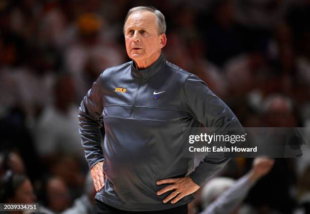 Head coach Rick Barnes of the Tennessee Volunteers looks on against the Texas A&M Aggies in the second half at Thompson-Boling Arena on February 24,...