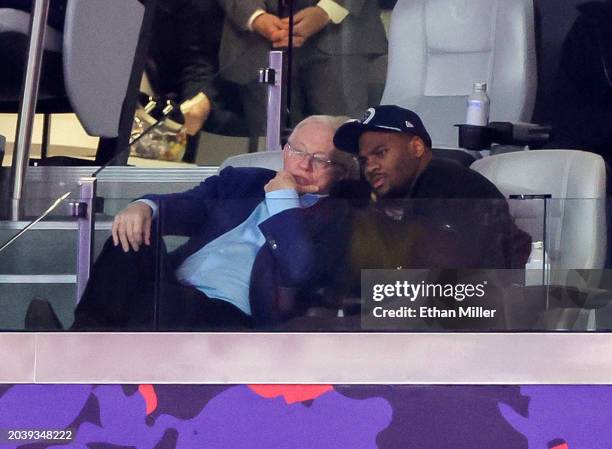 Dallas Cowboys owner, president, and general manager Jerry Jones and Micah Parsons look on during the second quarter of Super Bowl LVIII between the...