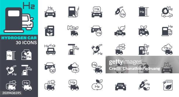 hydrogen car icons set. solid icon collection. vector graphic elements, icon symbol, alternative fuel vehicle, business, car, charging, fuel tank, green energy - green hydrogen process stock illustrations