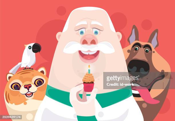 happy senior man holding cupcake with pets - birthday candles stock illustrations