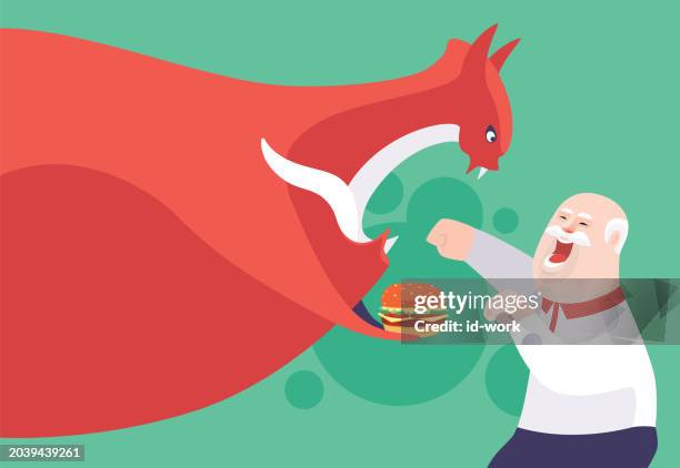 red devil holding hamburger and meeting angry senior man - family fighting cartoon stock illustrations