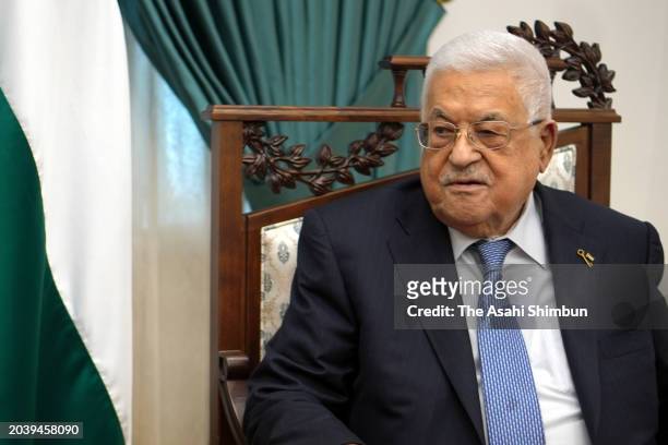 Palestine President Mahmoud Abbas speaks during the Asahi Shimbun interview on February 20, 2024 in Ramallah, West Bank.