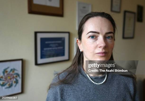 Oleksandra Matviichuk speaks during the Asahi Shimbun interview on February 20, 2024 in Kyiv, Ukraine.