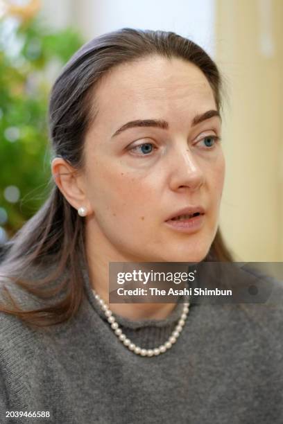 Oleksandra Matviichuk speaks during the Asahi Shimbun interview on February 20, 2024 in Kyiv, Ukraine.